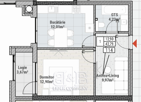 De vânzare apartament 42,79 mp – Colina Verde Residence, Durlesti