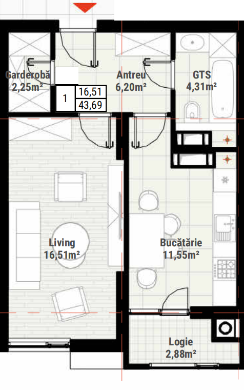 Vinzare apartament cu 1 camera 43,69 m2, in complexul Colina Verde