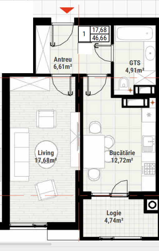 Vinzare apartament cu o camera 46,66, in Complexul Colina Verde