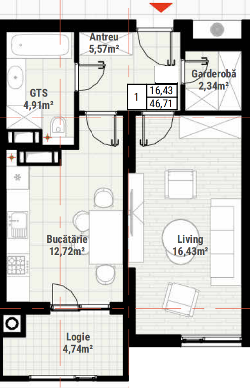 Apartament 46,71 m2 , Complexul Colina Verde , Durlești
