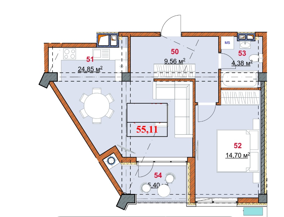Botanica apartament cu 2 camere ,  55.11 mp str. Grenoble