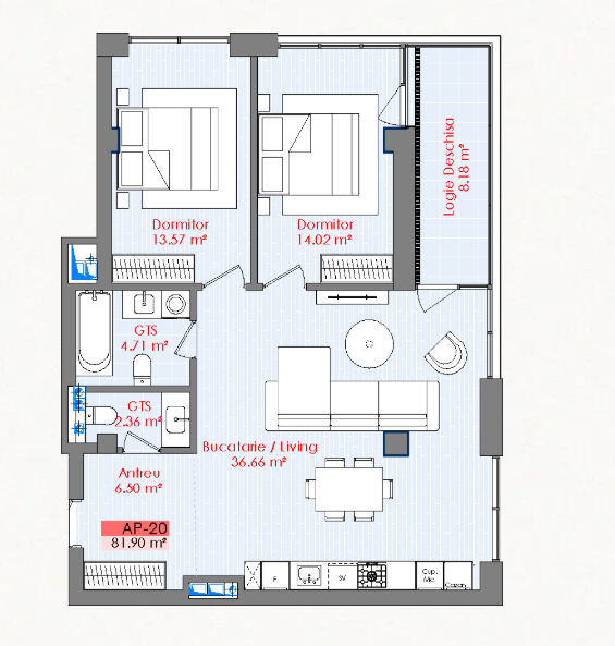 Apartament cu 2 camere + Living, Complexul Premium Life