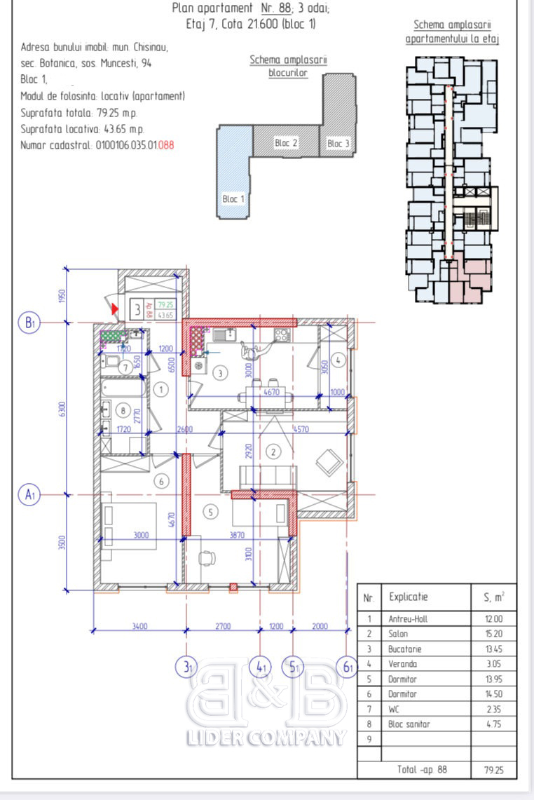 Apartament 3 camere, 79,25 mp, sectorul Botanica Complexul SkyHouse