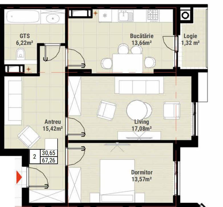 Apartament 2 camere+Living, 67,26 mp, Complexul Colina Verde, Durlești