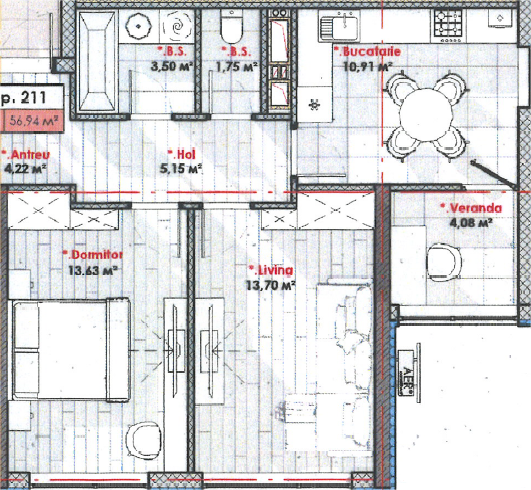 Apartament cu 1 cameră+Living, 56,94 mp, Telecentru, Chișinău