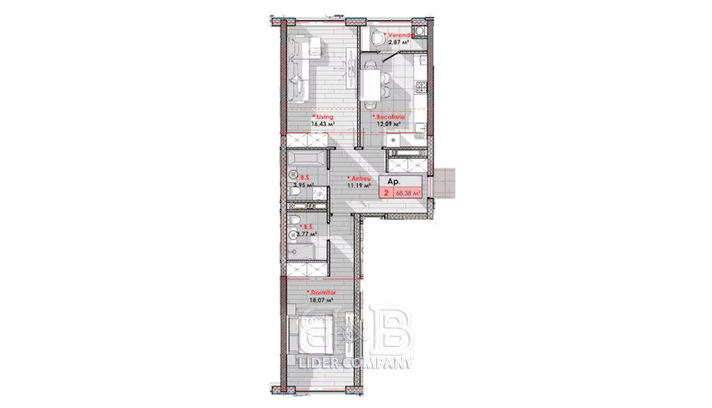 Apartament cu 2 camere + Living, 68,38 mp, Telecentru, Chișinău