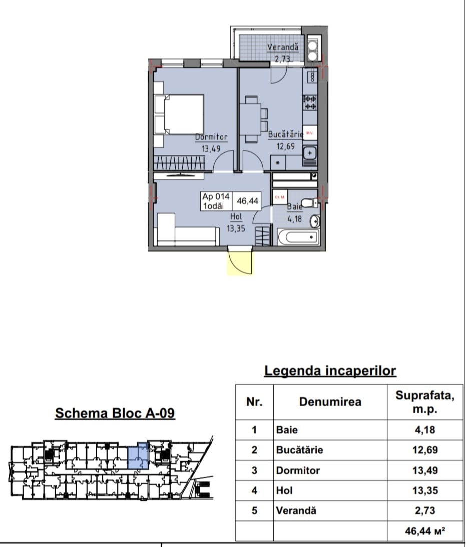 Apartament de Vânzare – 46,44 mp, Bloc A09, Cartierul Cluj