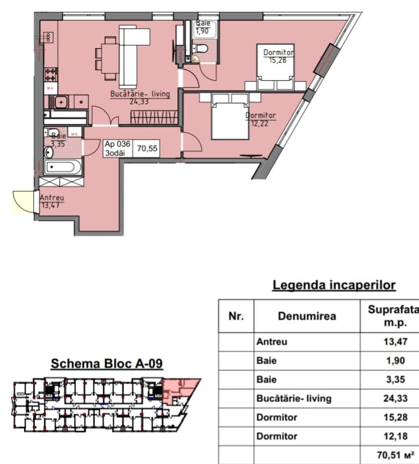 Apartament cu 3 Camere – 70,55 mp, Bloc A09, Cartierul Cluj